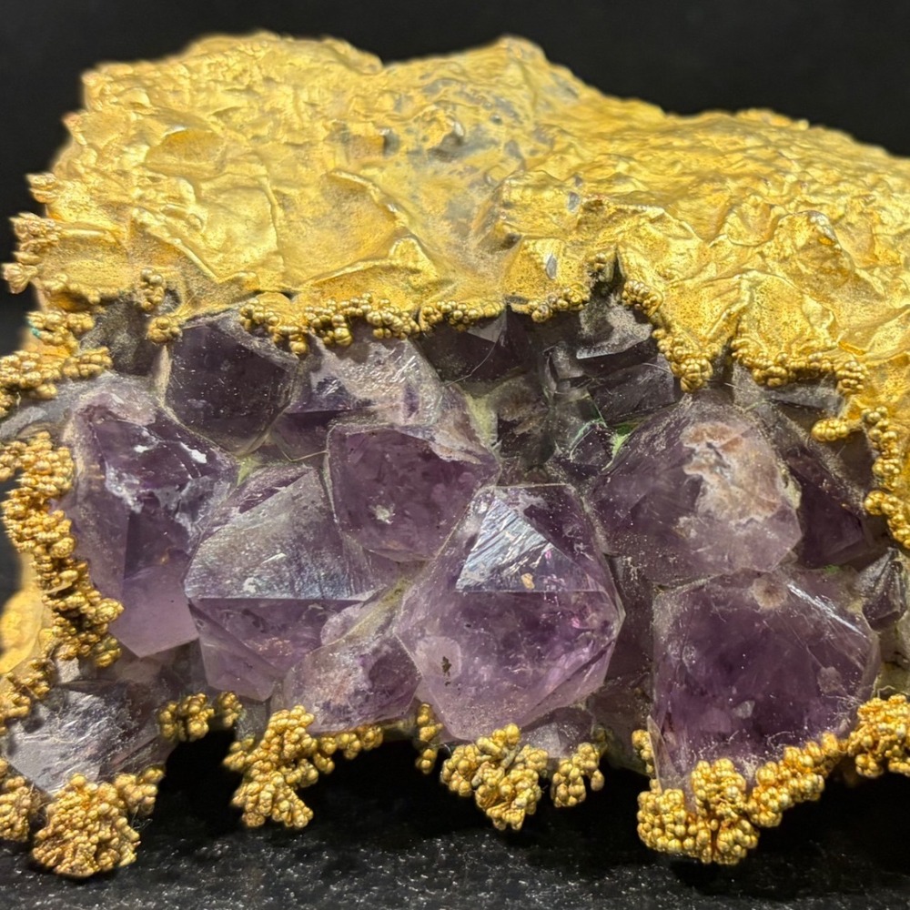 Vintage Brutalist Amethyst Geode Gold Gilt Metal Casing Mineral Specimen Decor